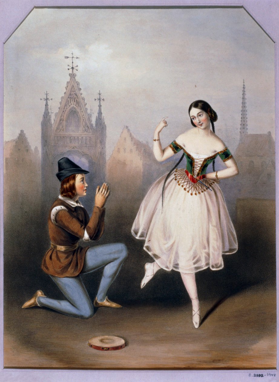 Carlotta Grisi als Esmeralda en Jules Perrot als Gringoire - La Esmeralda, ballet in 3 bedrijven ... (litho) door Augustus Jules Bouvier
