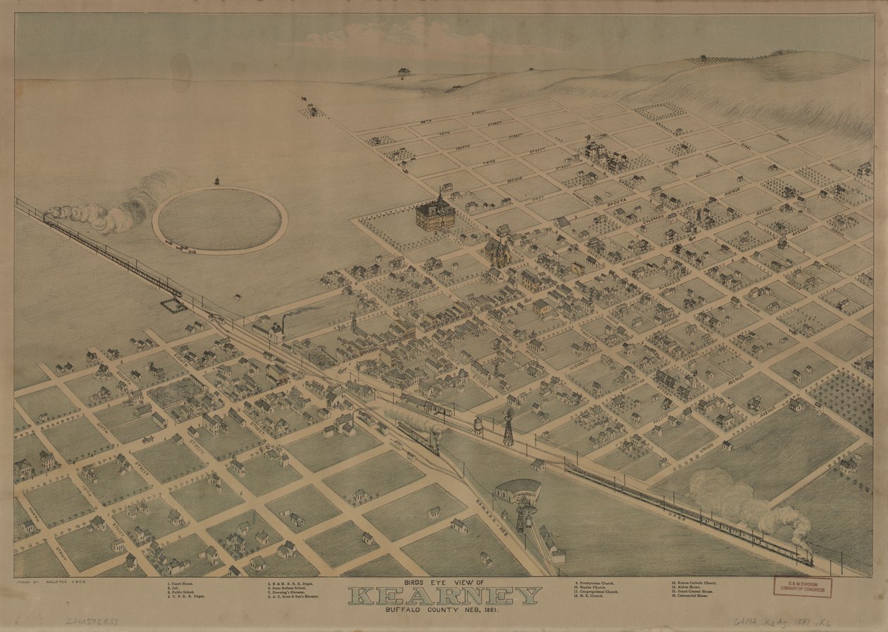 Vogelvlucht van Kearney, Buffalo County, Neb. 1881 LOC 2010592833 door Augustus Koch