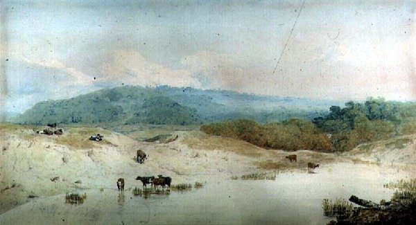 Uitzicht in Yorkshire, rivier en vee door Augustus Wall Callcott