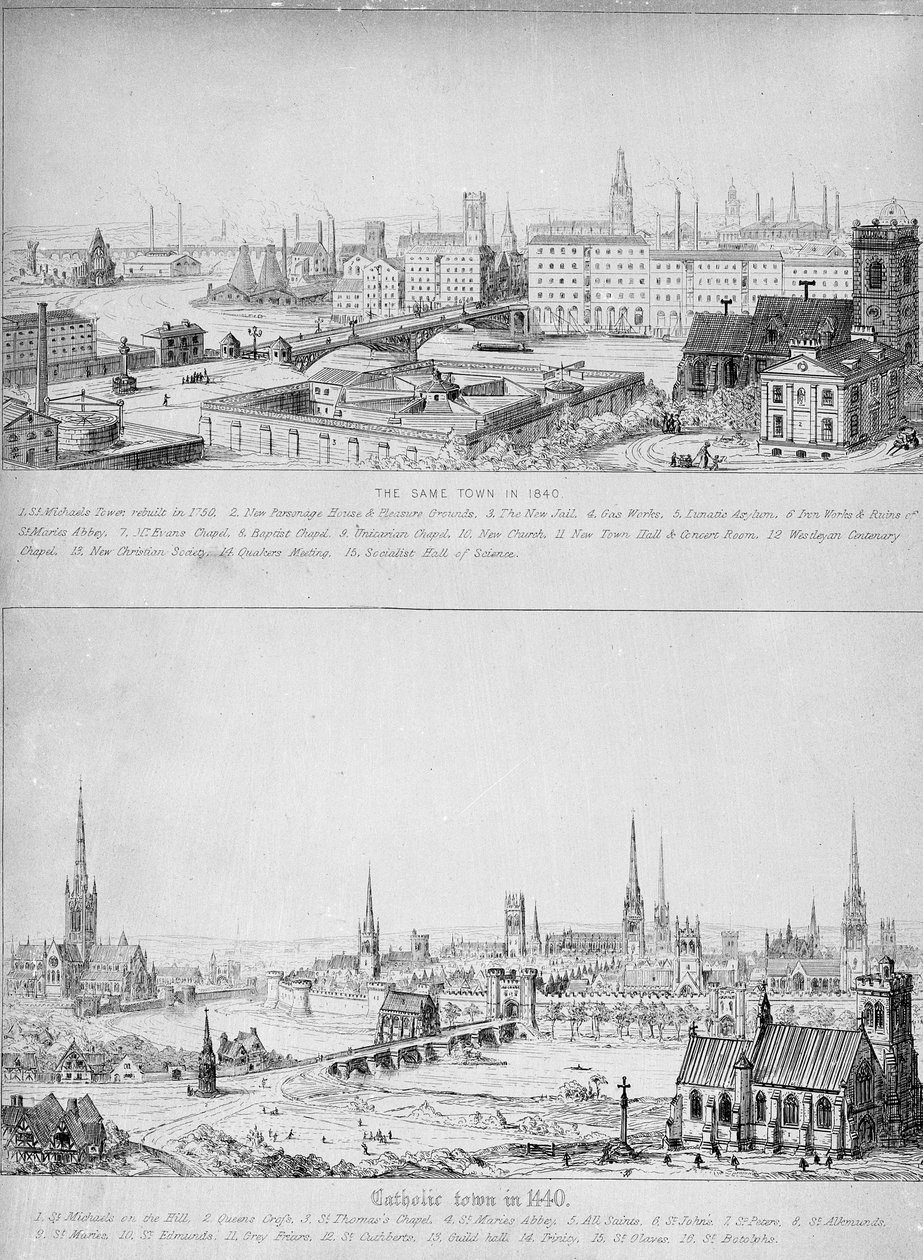 Katholieke stad in 1440 en dezelfde stad in 1840 door Augustus Welby Northmore Pugin