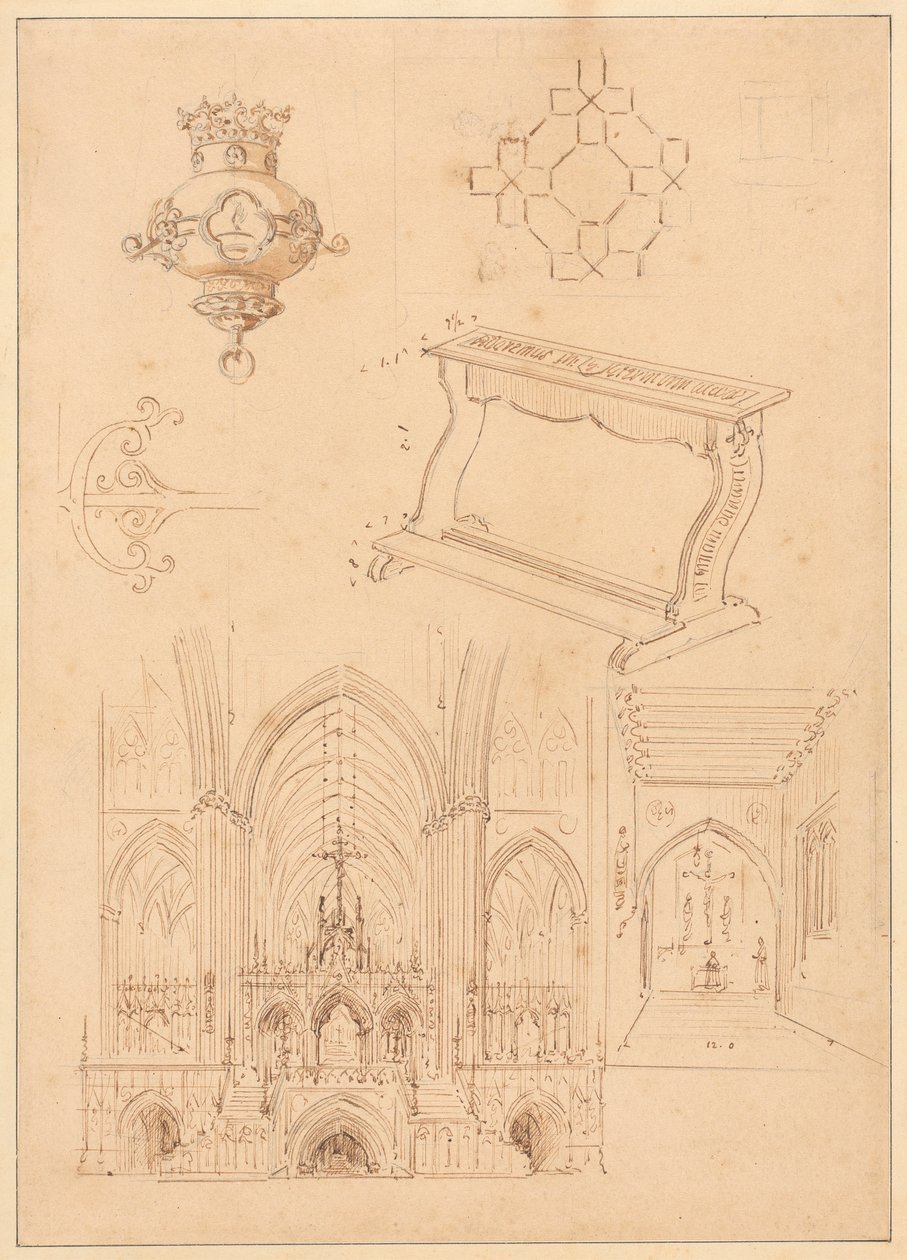 Ontwerpen voor Gotische Ornamenten, een Knieler, en Twee Schetsen van de Interieurs van Gotische Kerken door Augustus Welby Northmore Pugin