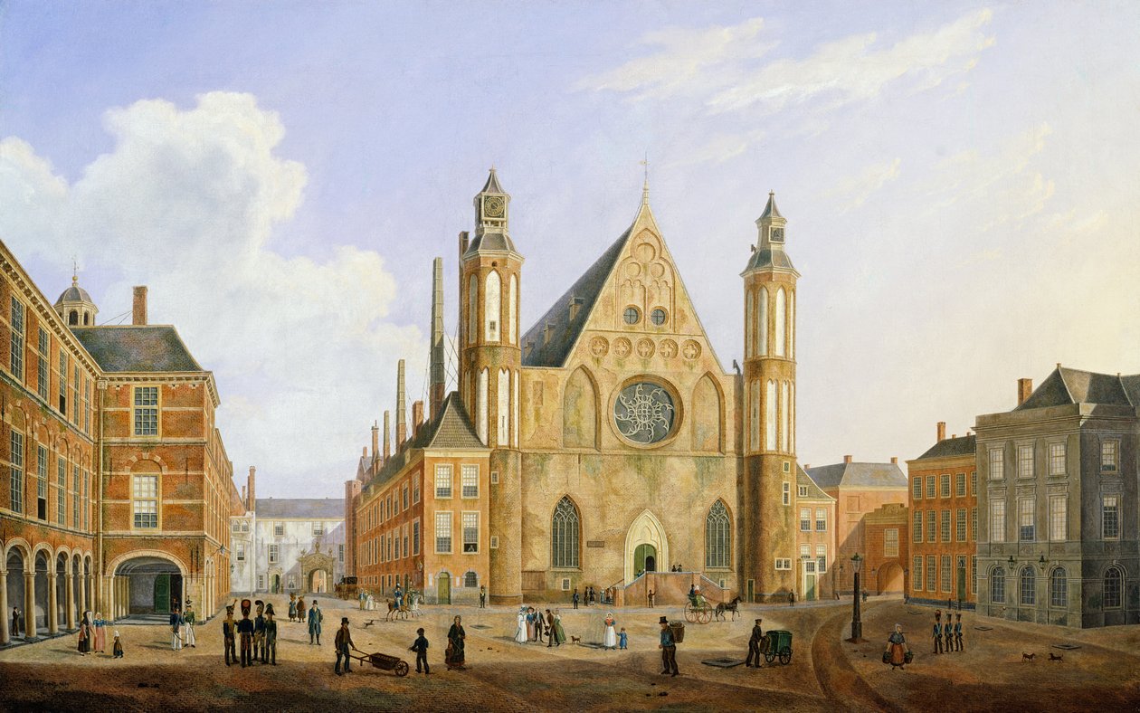 Het Binnenhof in Den Haag met een Uitzicht op de Ridderzaal met Soldaten en andere Figuren op het Binnenhof door Augustus Wynantz