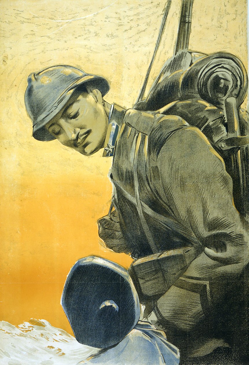 Italiaanse Eerste Wereldoorlog Poster toont een soldaat die naar zijn kleine zoon kijkt. 