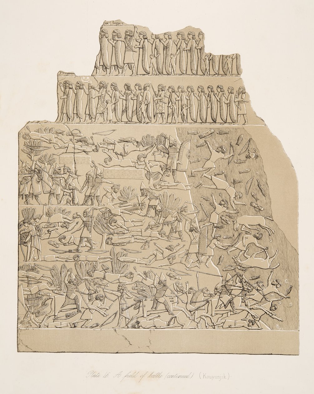 Een slagveld (Kouyunjik), uit Monumenten van Nineveh, uitgegeven 1849 door Austen Henry Layard