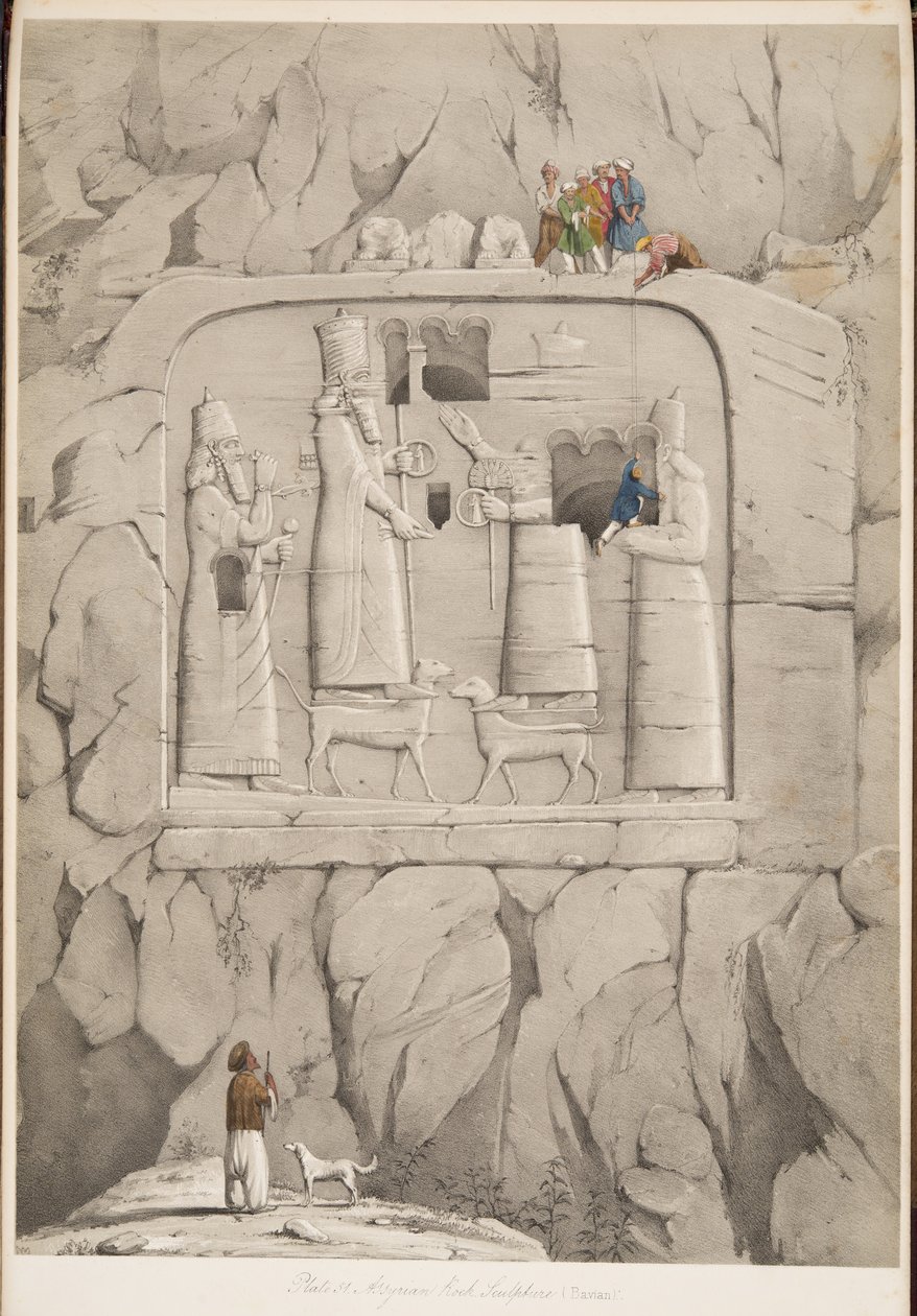 Assyrische rotsculptuur (Bavian), uit Monumenten van Nineveh, uitgegeven 1849 (gravure) door Austen Henry Layard