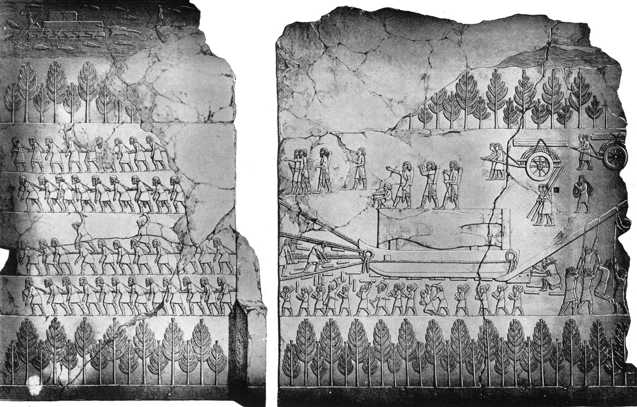 Assyriërs verplaatsen een gevleugelde stier, 7e eeuw v.Chr., ca. 1900-1920 door Austen Henry Layard