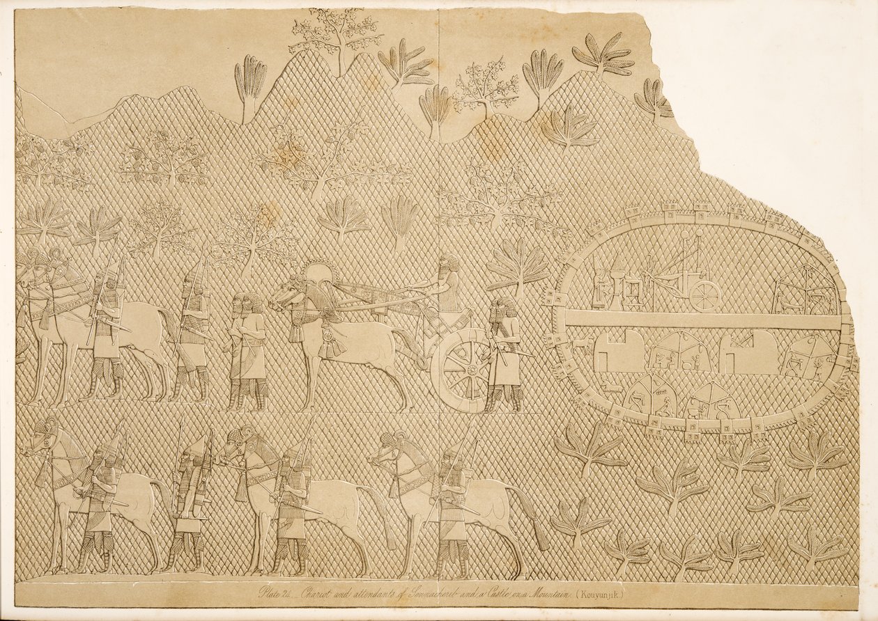 Strijdwagen en bedienden van Sanherib en een kasteel op een berg (Kouyunjik), uit Monumenten van Nineveh, uitgegeven 1849 door Austen Henry Layard