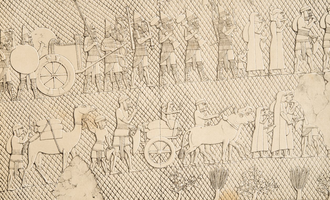 Detail van gevangenen en buit uit de stad Lachich, illustratie uit Monumenten van Nineveh, 1858 door Austen Henry Layard