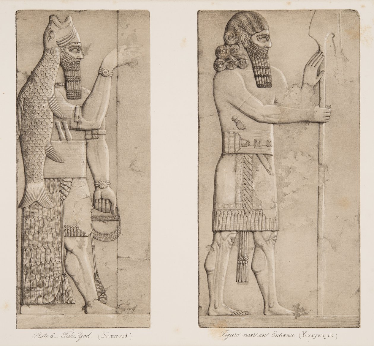 Visgod (Nimroud) en figuur bij een ingang (Kouyunjik), uit Monumenten van Nineveh, uitgegeven 1849 door Austen Henry Layard