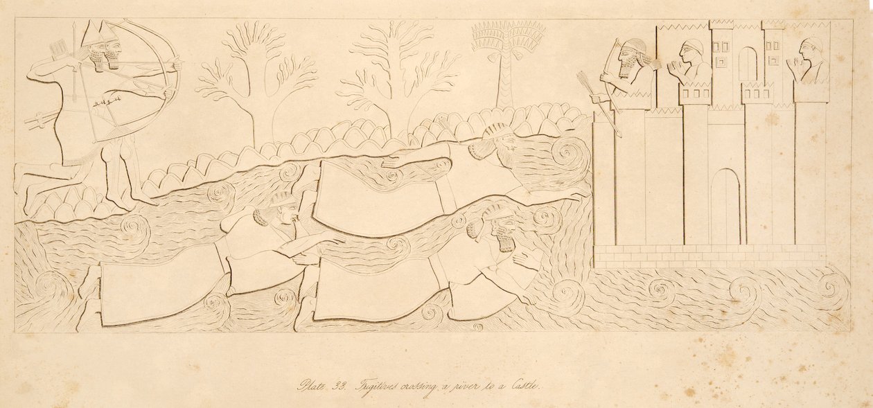 Vluchtelingen steken een rivier over naar een kasteel, uit Monumenten van Nineveh, uitgegeven 1849 door Austen Henry Layard