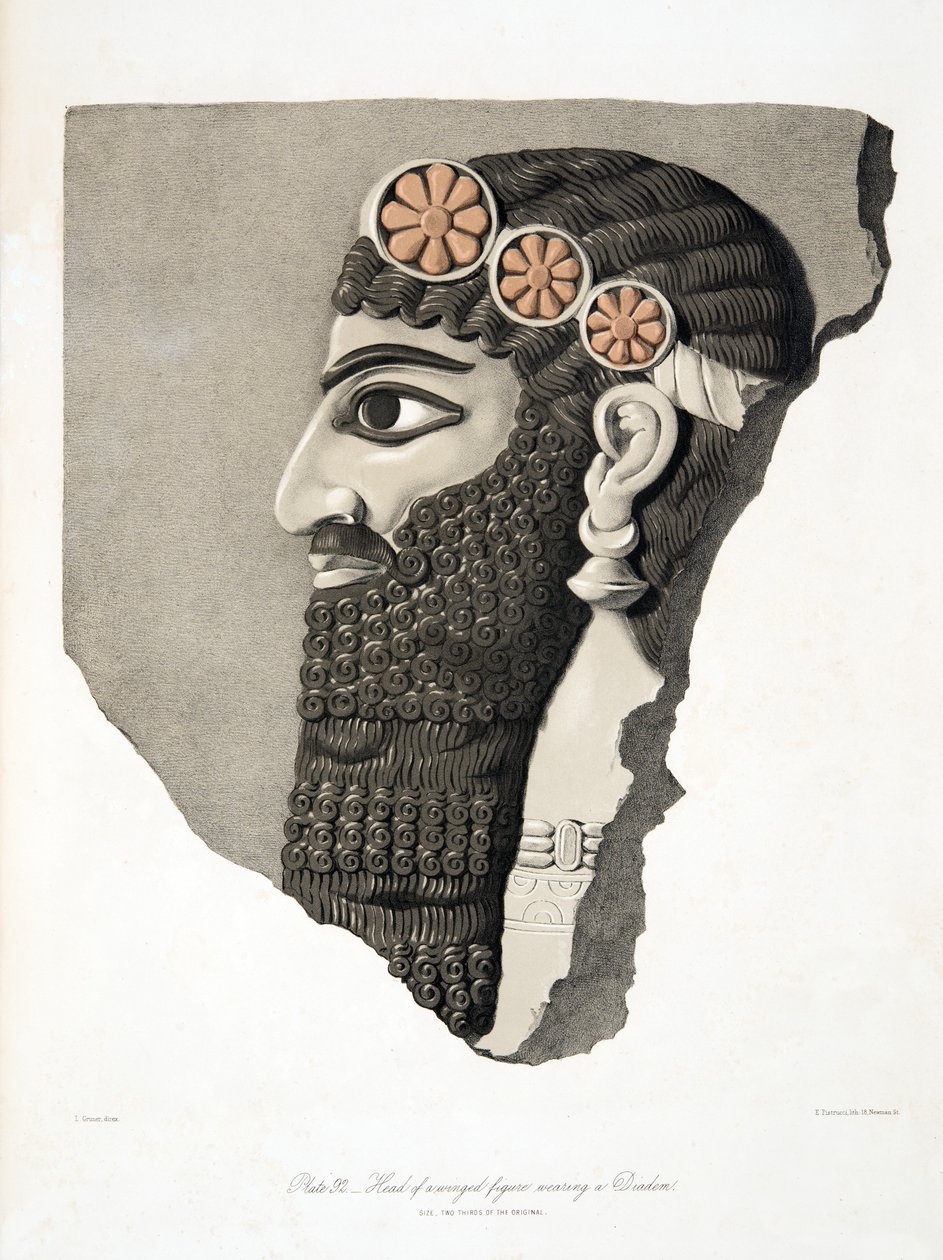 Hoofd van een gevleugeld figuur met een diadeem, uit Monumenten van Nineveh door Austen Henry Layard