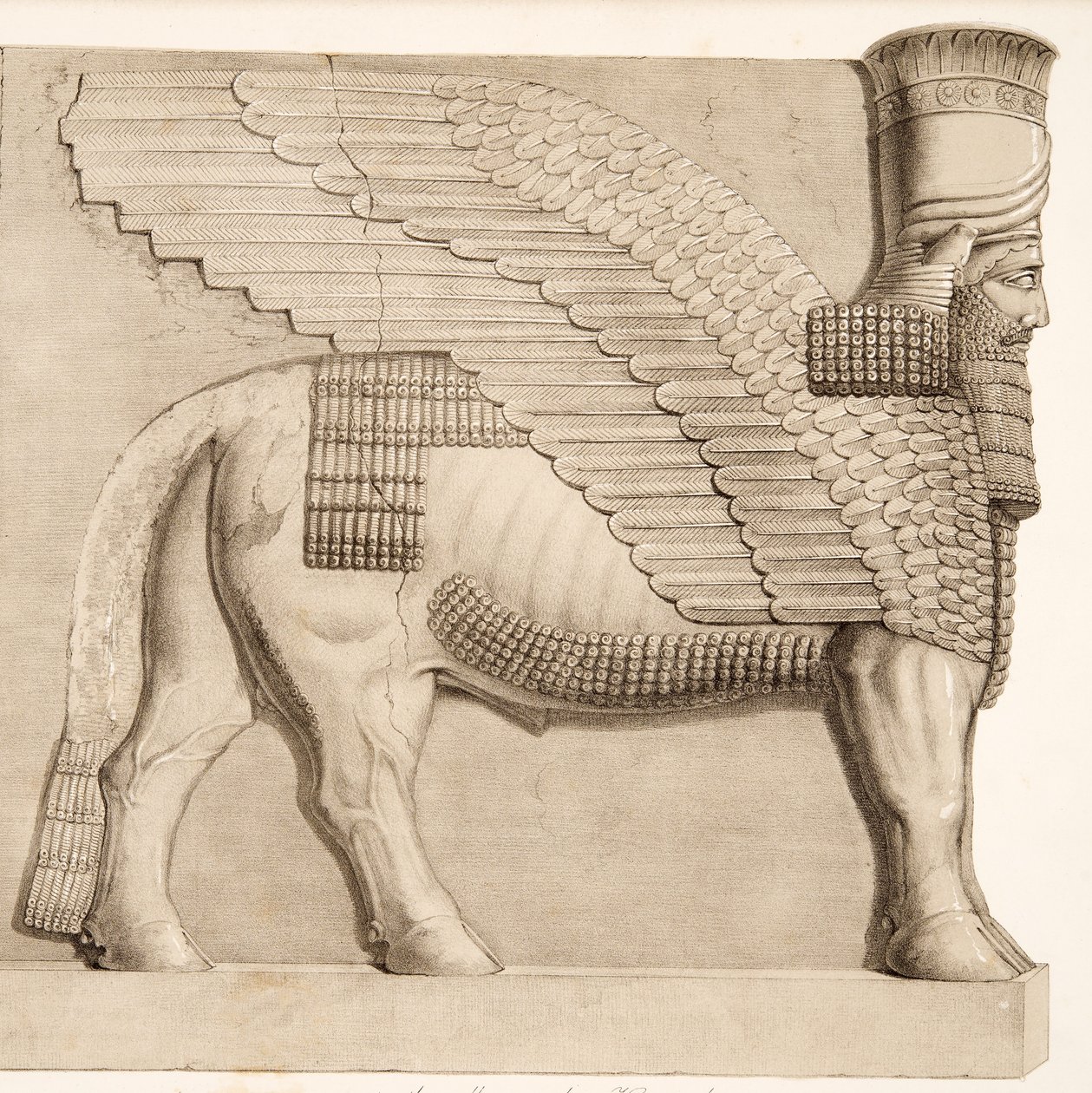 Menselijk hoofd stier en gevleugelde figuur van een poort in de muur rond Kouyunjik, uit Monumenten van Nineveh, uitgegeven 1849 door Austen Henry Layard