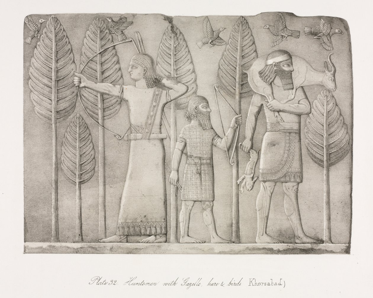Monumenten van Nineveh: Plaat 32, Jagers met gazelle, haas en vogels Khorsabad, 1853 door Austen Henry Layard