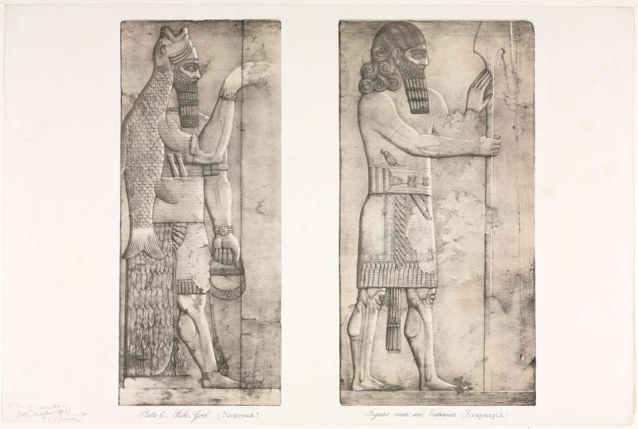 Monumenten van Nineve: Plaat 6, Vis-god (Nimroud); Figuur bij een Ingang (Kouyunjik) door Austen Henry Layard