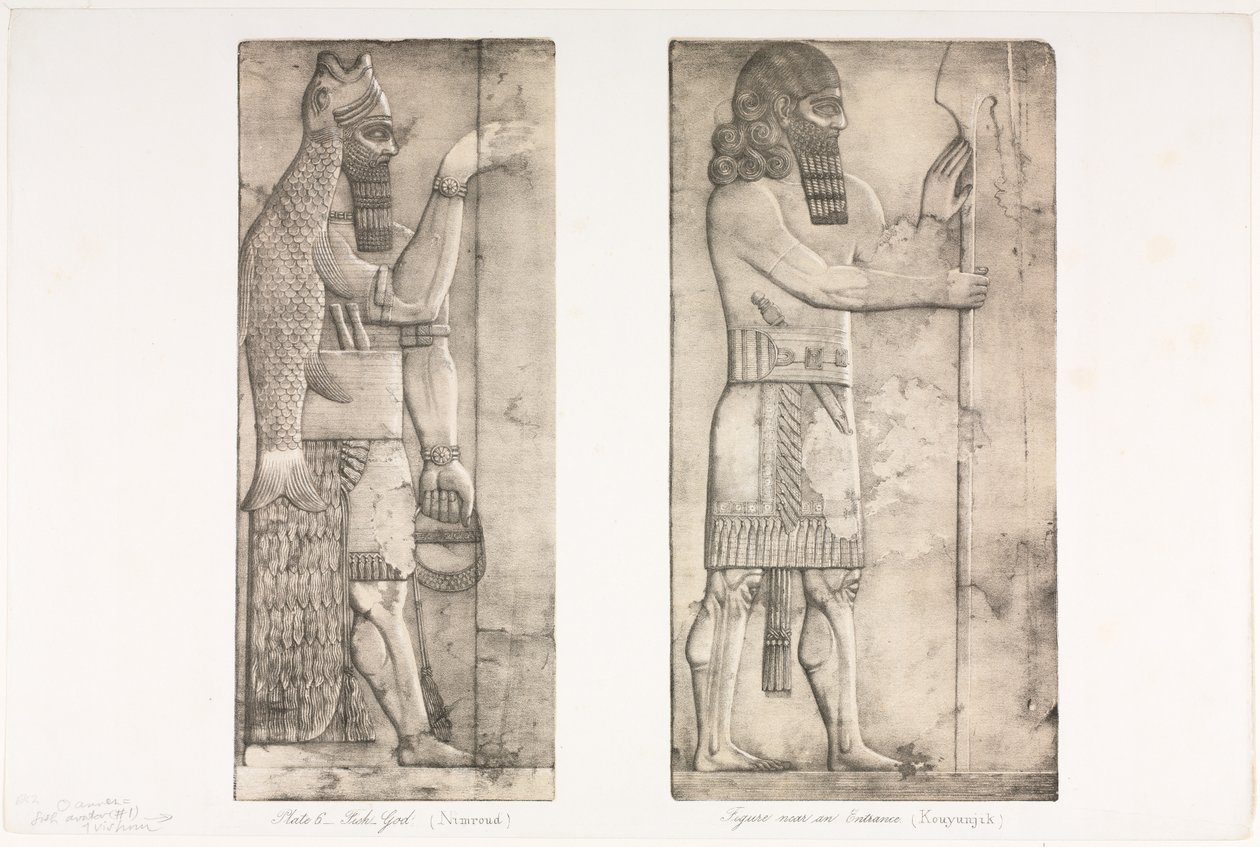 Monumenten van Nineveh: Plaat 6, Vis-god Nimroud, figuur bij een ingang Kouyunjik, 1853 door Austen Henry Layard