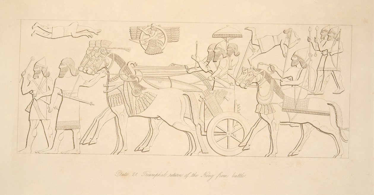 Triomfantelijke terugkeer van de koning uit de strijd, uit Monumenten van Nineveh, uitgegeven 1849 door Austen Henry Layard