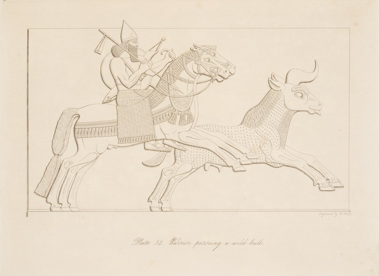 Krijger achtervolgt een wilde stier, uit Monumenten van Nineveh, uitgegeven 1849 door Austen Henry Layard