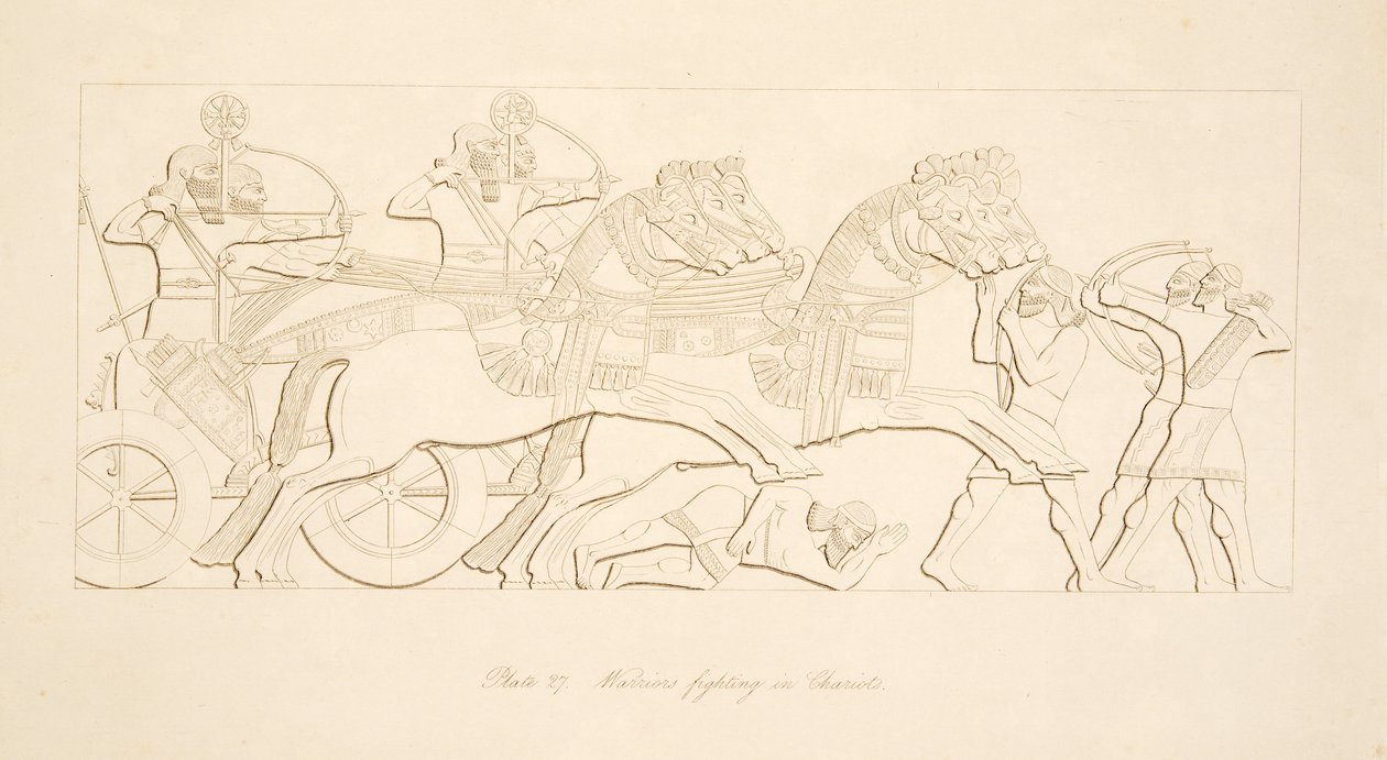 Krijgers vechten in strijdwagens, uit Monumenten van Nineveh, uitgegeven 1849 door Austen Henry Layard