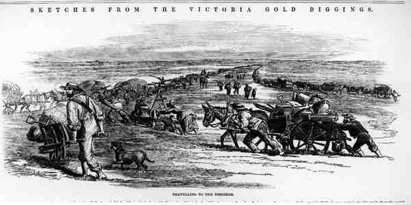 Reizen naar de Goudmijnen, uit Schetsen van de Victoria Goudmijnen door Australian School