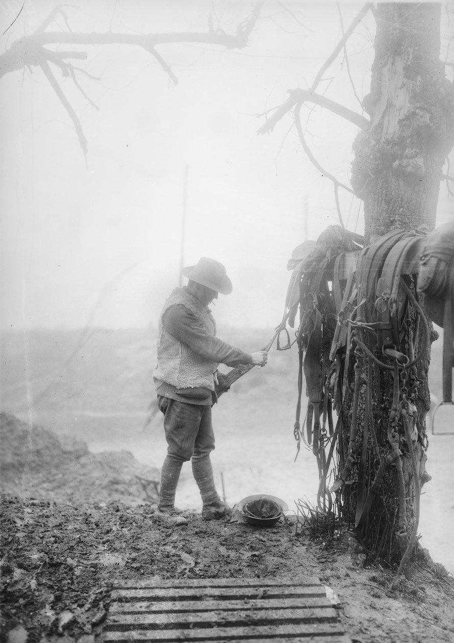Een onbekende Australische artilleriebestuurder die modder van het harnas van zijn team schoonmaakt in een kwartier nabij Mametz, december 1916 door Australian Photographer