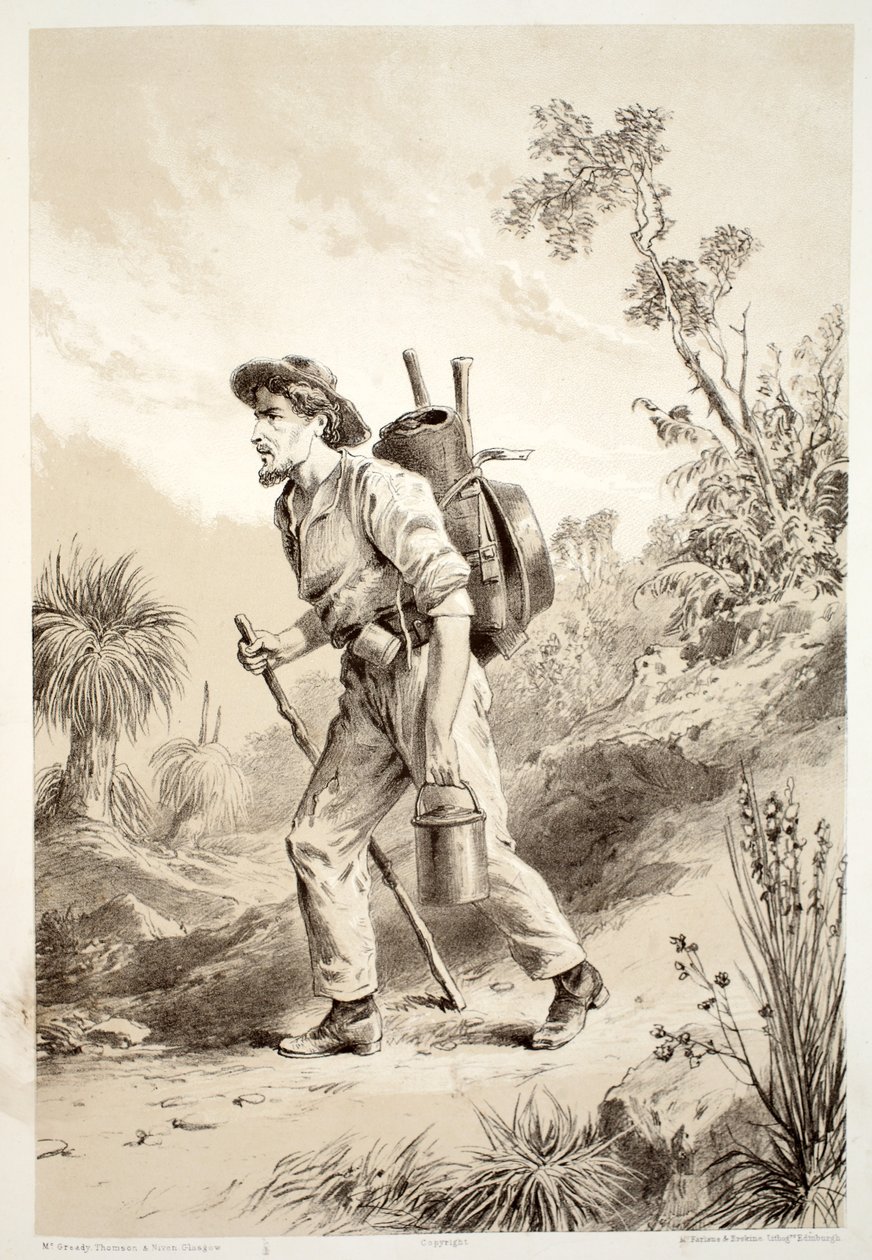 Digger op de Tramp, uit The History of Australasia door David Blair, McGrady, Thomson, en Niven, 1879 door Australian School