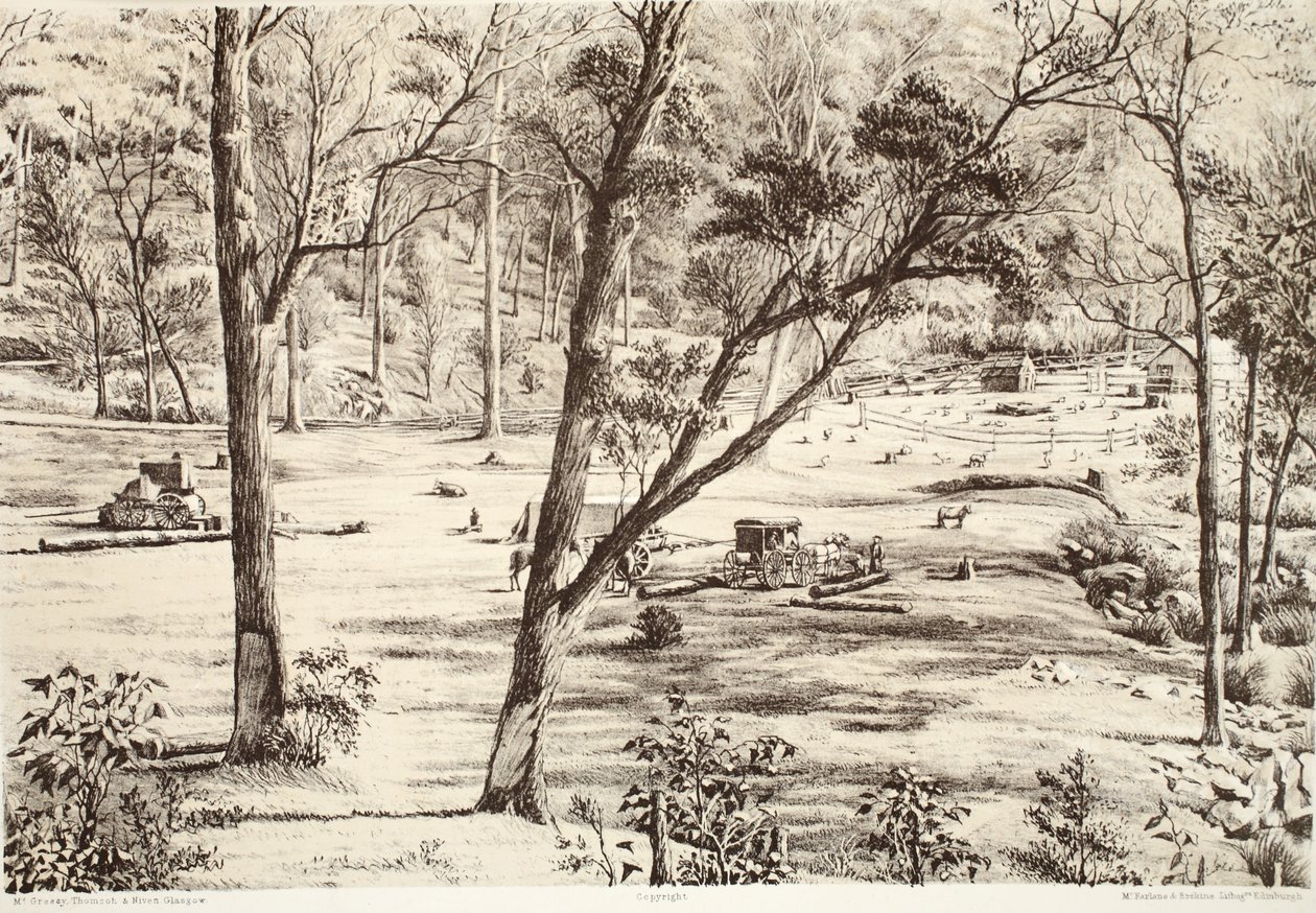 Hut van vrije selectors, uit The History of Australasia door David Blair, McGrady, Thomson, en Niven, 1879 door Australian School
