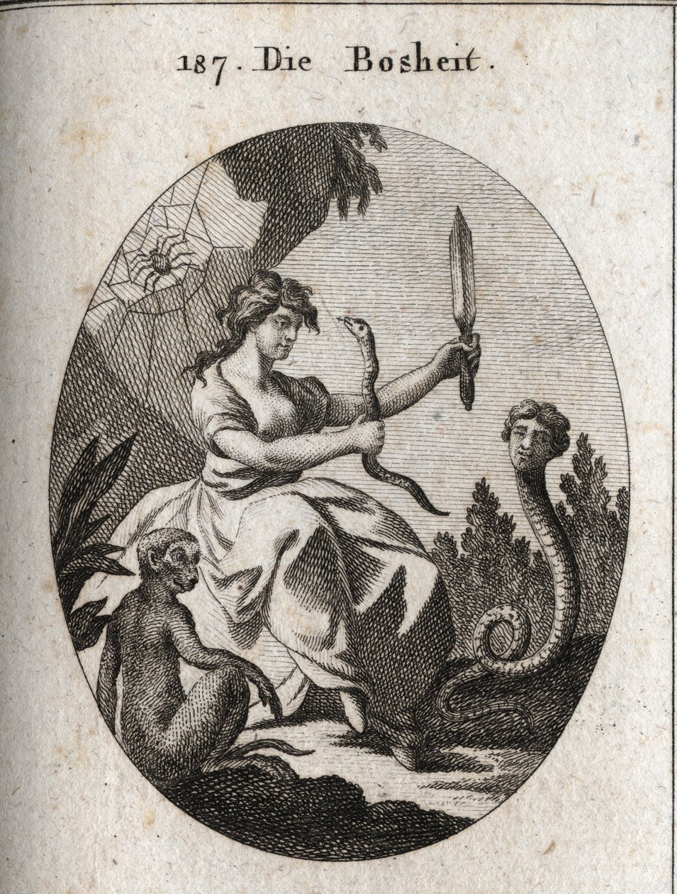 Allegorie van de mechaniek. Ze kijkt gelukkig met een aspic en een dolk. Haar attributen zijn de slang met een menselijk gezicht die bedrog wenst, de aap die het embleem van boosaardigheid is, en de spin die verwijst naar vallen. Gravure in 