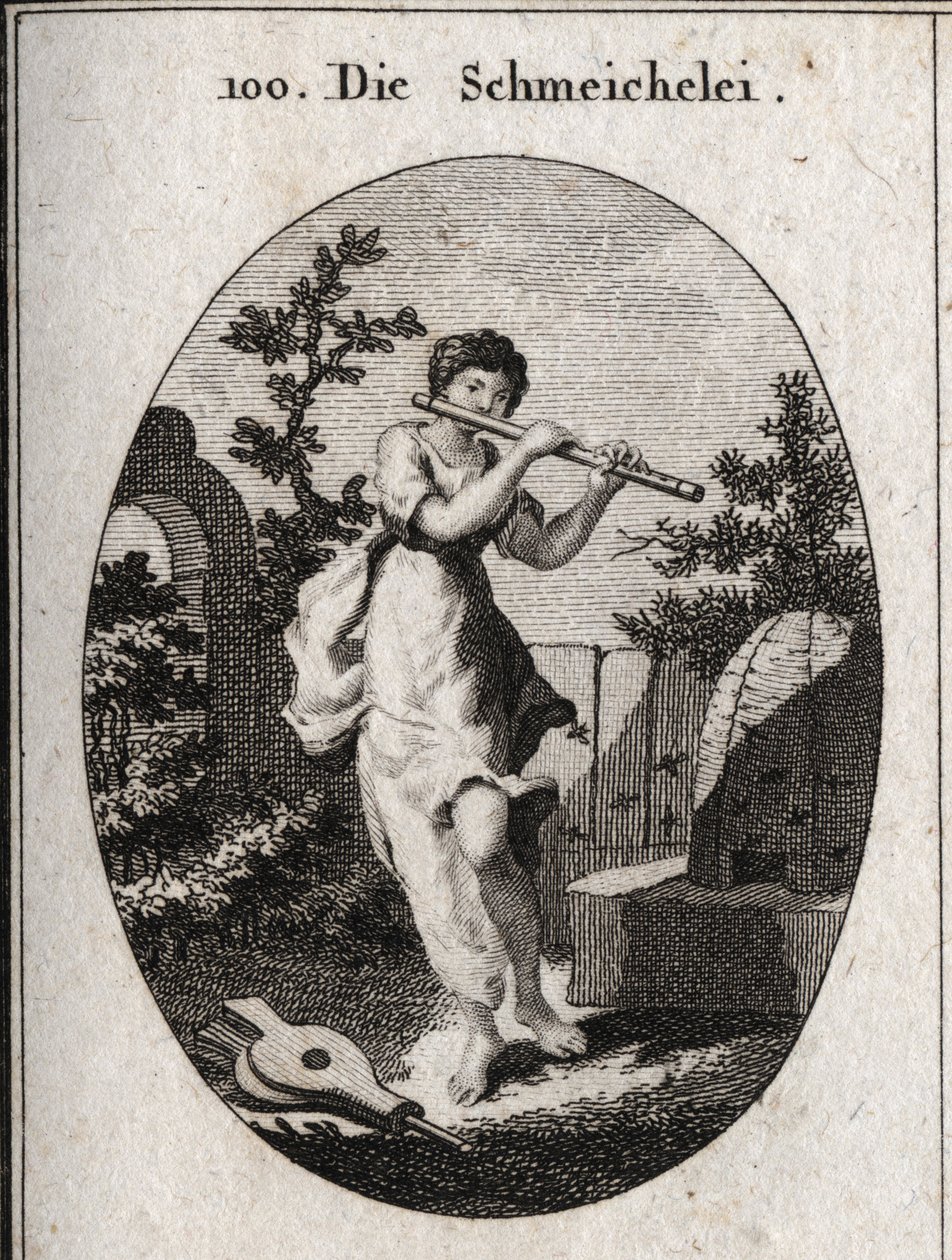 Allegorie van vleierij die fluit speelt om aan te geven dat ze probeert zich in te dringen door de zoetheid van haar woorden. Haar attribuut is de bij (voor de zoetheid van honing en het gif van de angel) en de blaasbalg (vleierij ontsteekt het vuur van pa door Austrian School