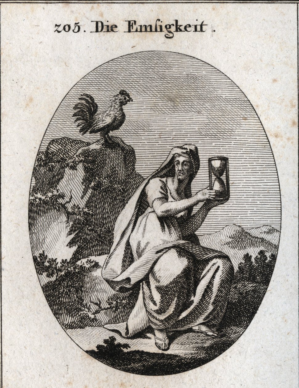Allegorie van waakzaamheid. Ze houdt een zandloper vast en zit aan de voet van een rots omgeven door een klimopplant. De haan is haar attribuut omdat waakzaamheid niet zonder waakzaamheid bestaat. Gravure in 