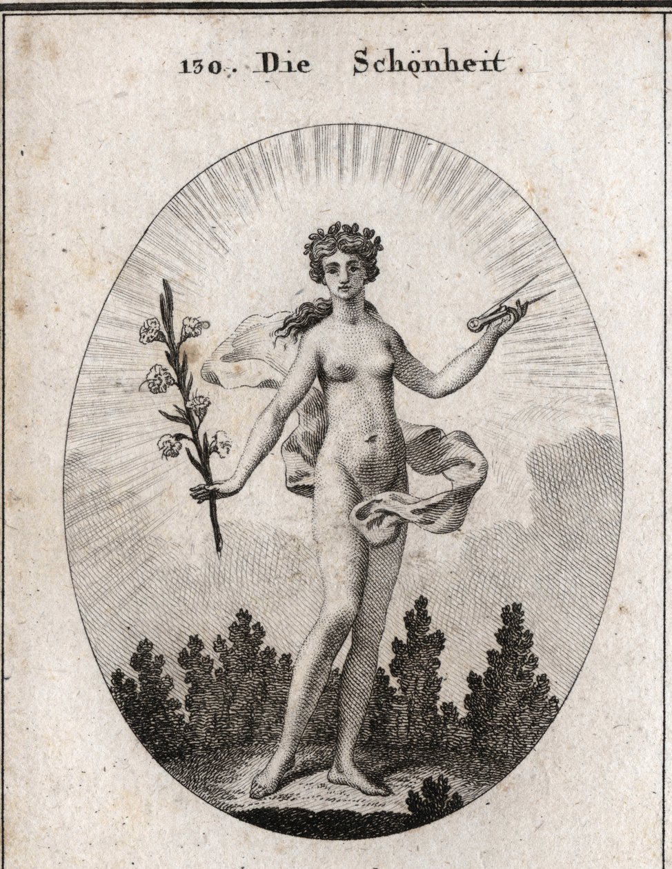 Allegorie van schoonheid. De passer is het embleem van de nauwkeurigheid van verhoudingen. De lelie is het symbool van schoonheid. Gravure in 