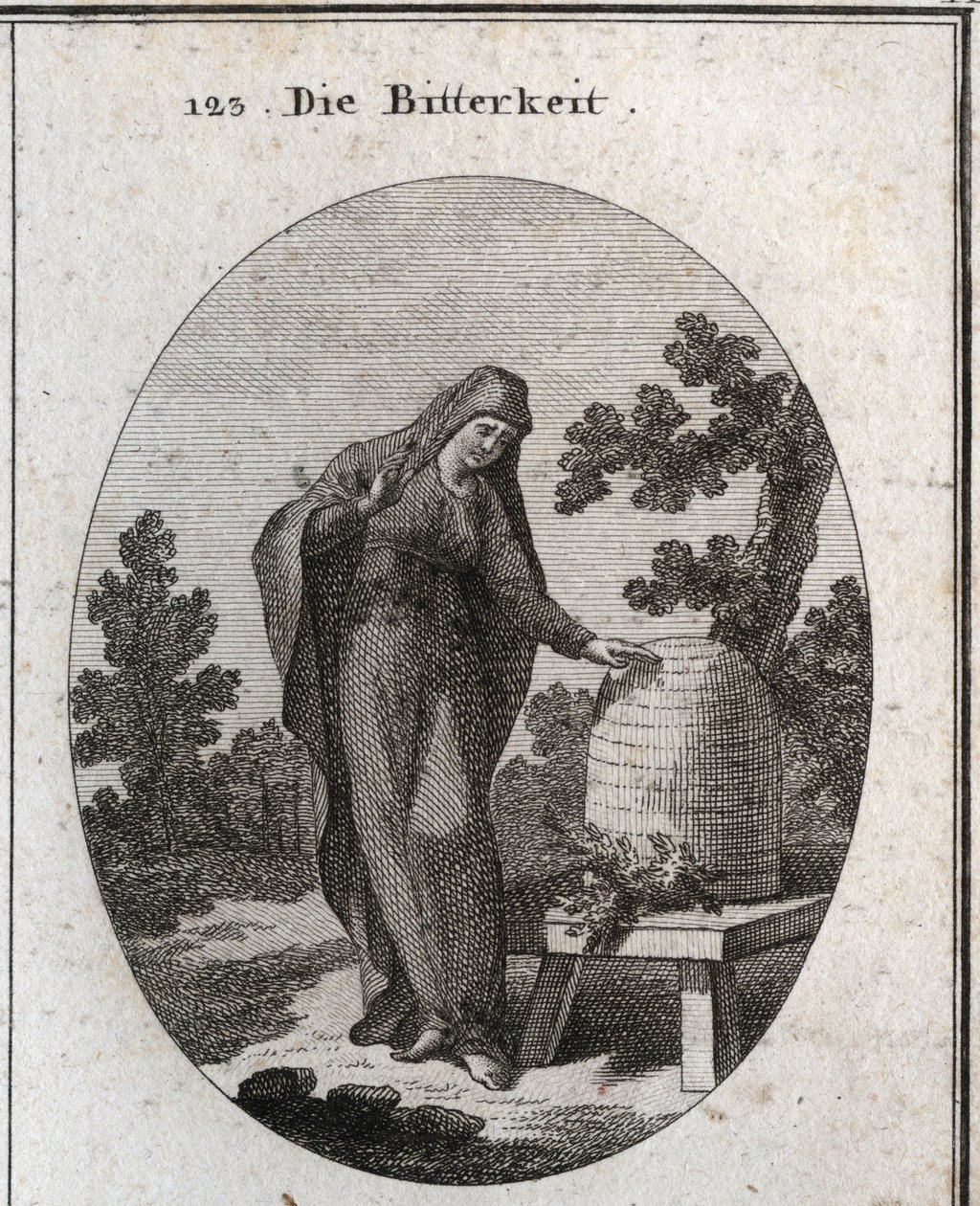 Allegorie van bitterheid. Gravure in "Iconologie oder Ideen aus dem Gebiete der Leidenschaften und Allegorien bildich dargestellt fur Zeichner, Mahler, Dichter, Gelehrte, Erzieher und freunde Hoherer G" door Austrian School