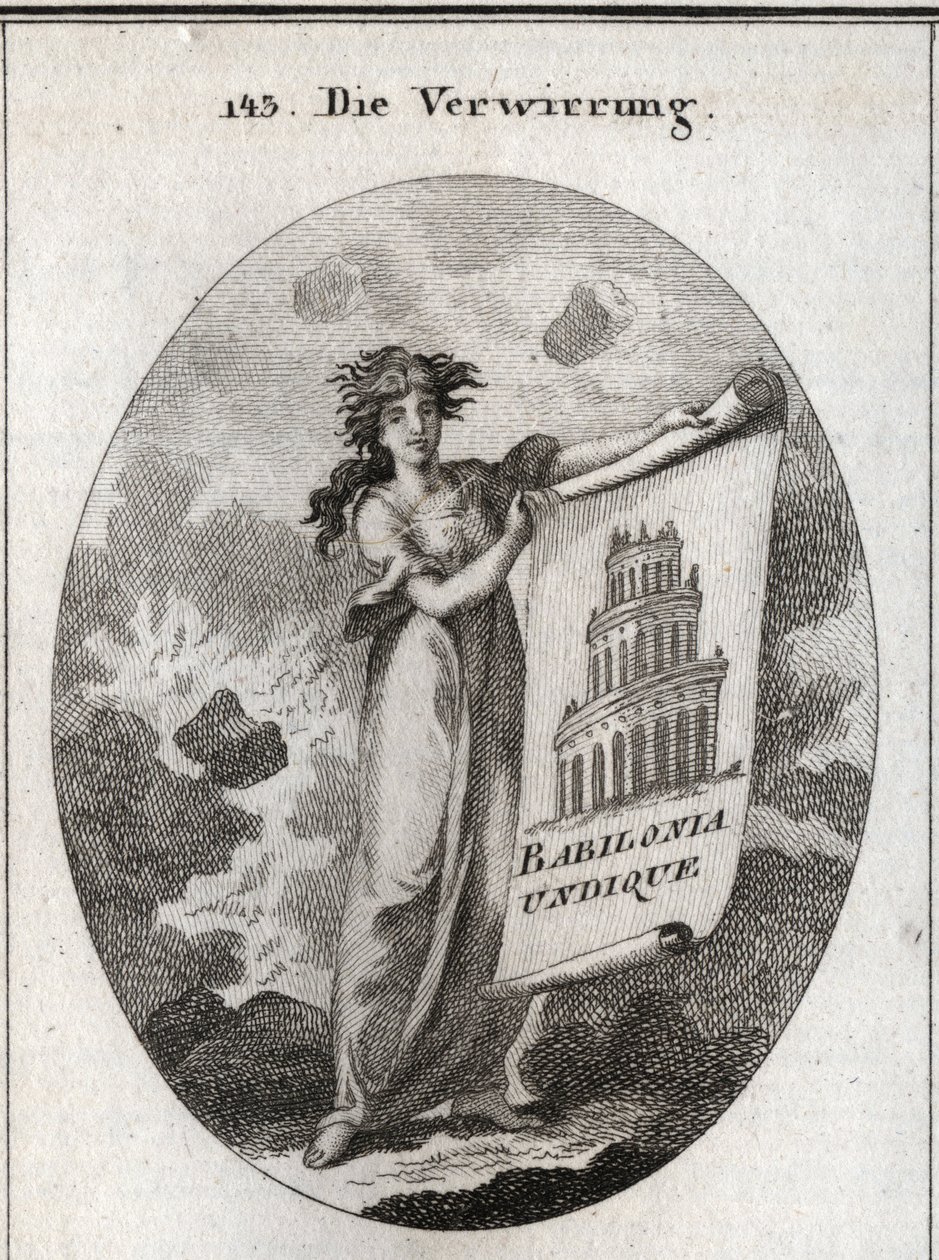Allegorie van verwarring die een tekening vasthoudt die de Toren van Babel voorstelt met het woord 