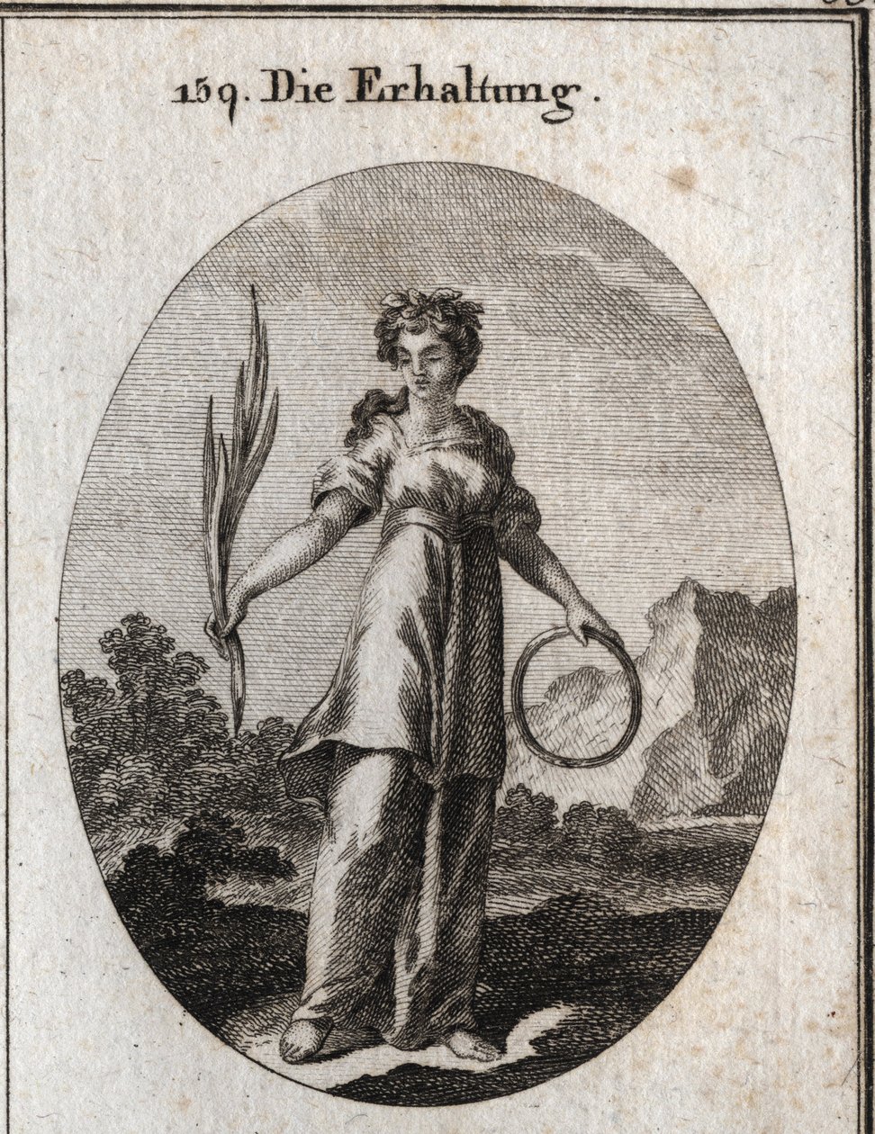 Allegorie van behoud. De ceder tak is onvergankelijk maar is ook het embleem van behoud en de cirkel dat van de continue opvolging. Ze draagt een kroon van aromatische planten die door de Egyptenaren werden gebruikt om de doden te bewaren. Gravure in 
