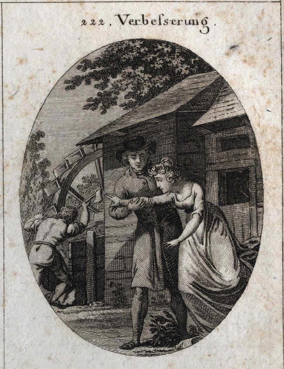 Allegorie van correctie. Uitdrukking: Bij de molen en een jonge bruid is er altijd iets te doen. Gravure in 