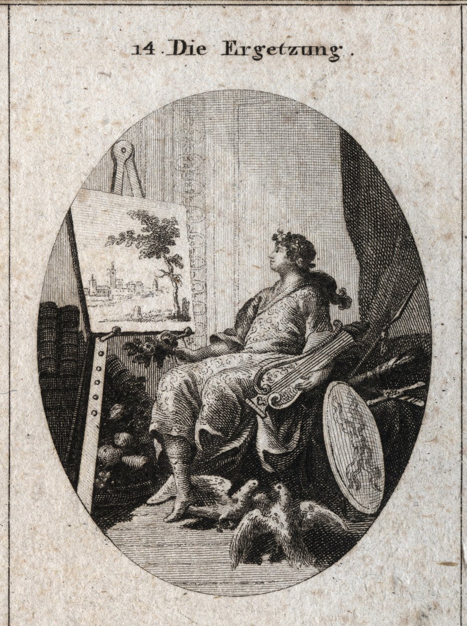 Allegorie van genot voorgesteld door een jonge man met een lier naast een schilderij met fruit, boeken, wapens en twee duiven die elkaar strelen, alles symboliseert de charme van de zintuigen. Gravure in 