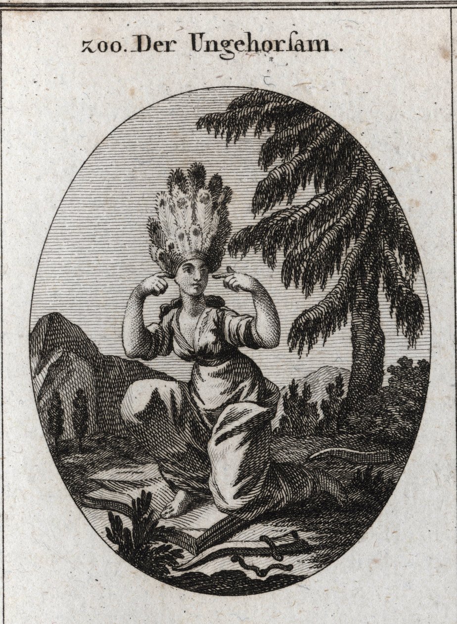 Allegorie van ongehoorzaamheid. Het boek van schaamte markeert haar minachting voor de wetten en voorschriften die ze domineert door de rem en het juk te vertrappen. Ze sluit haar oren om geen berispingen te horen. Haar haar is pauwenveren. Gravure in "Ico door Austrian School