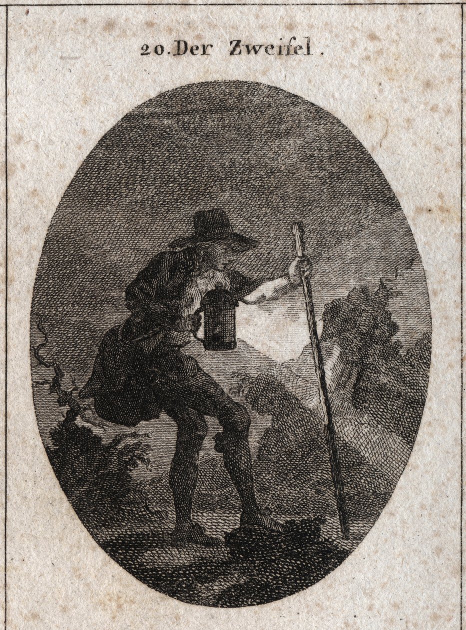 Allegorie van twijfel afgebeeld door een jonge man die door de duisternis loopt met een lantaarn en een boot die hij helpt zijn weg te vinden door verschillende met stenen gevulde paden. door Austrian School