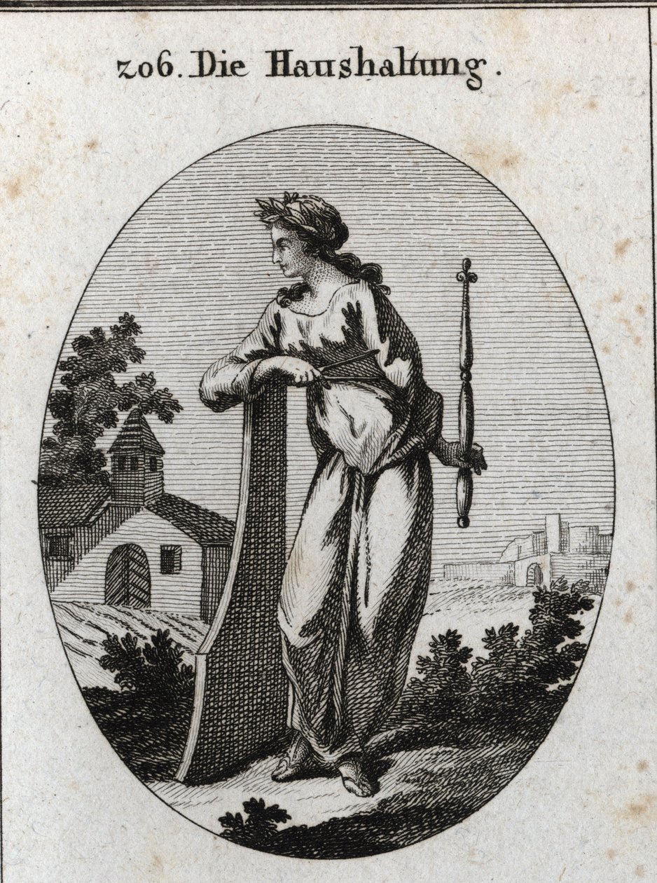 Allegorie van economie. Ze is gekroond met een olijftak die vrede symboliseert. Ze leunt op een roer en houdt een scepter en kompas vast, symbolen van macht en het exacte bestuur. Gravure in 