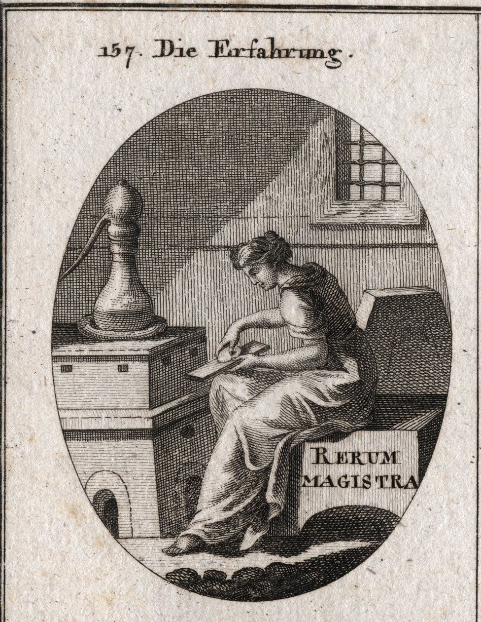 Allegorie van ervaring die het resultaat is van studie en tijd. Ze probeert goud op een sleutelplaat. Gravure in 