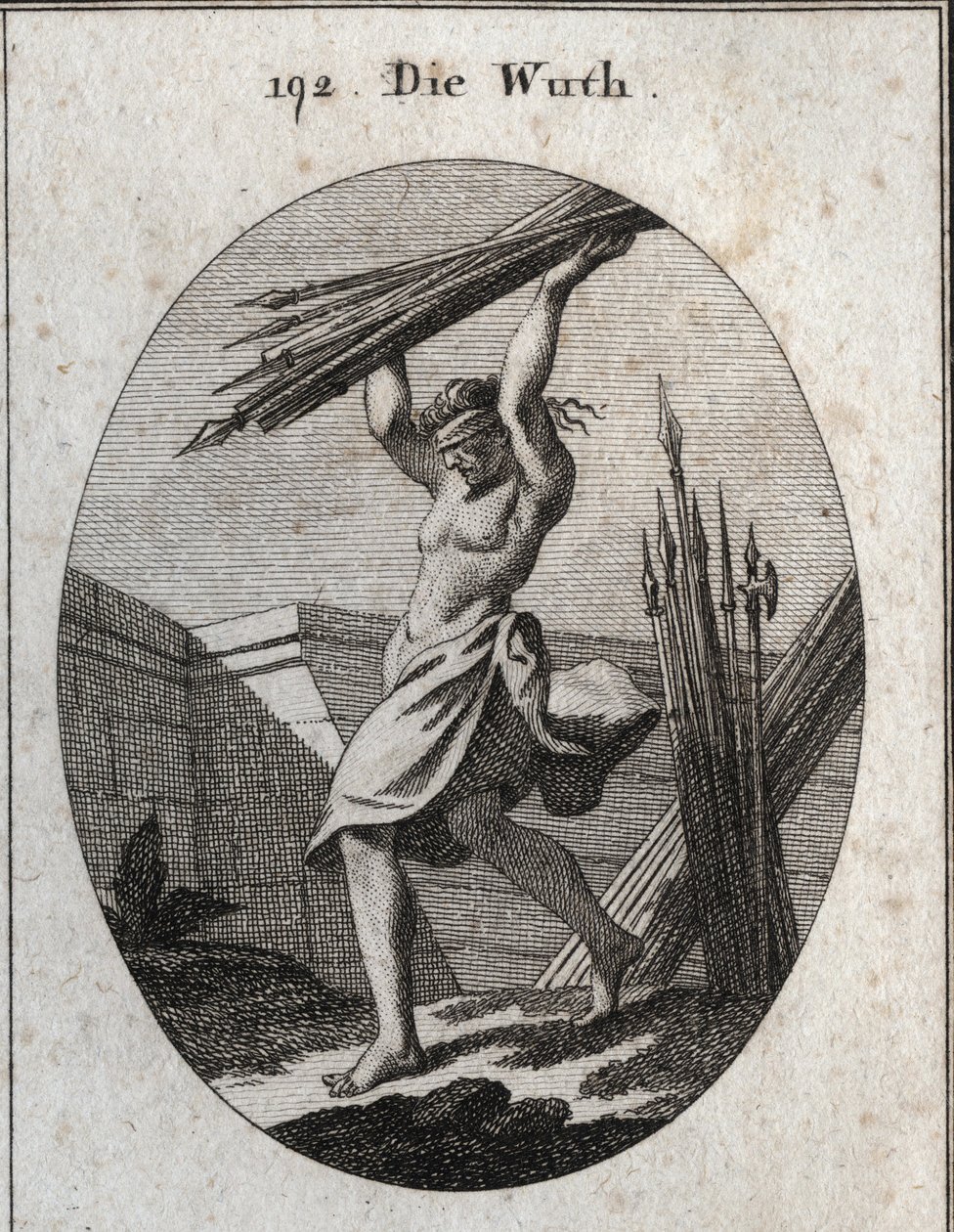 Allegorie van woede. Met een blinddoek gooit ze een bundel van verschillende soorten wapens om haar triomf in de oorlog, slachtingen en gevechten te markeren. Gravure in "Iconologie oder Ideen aus dem Gebiete der Leidenschaften und Allegorien bildich darge door Austrian School