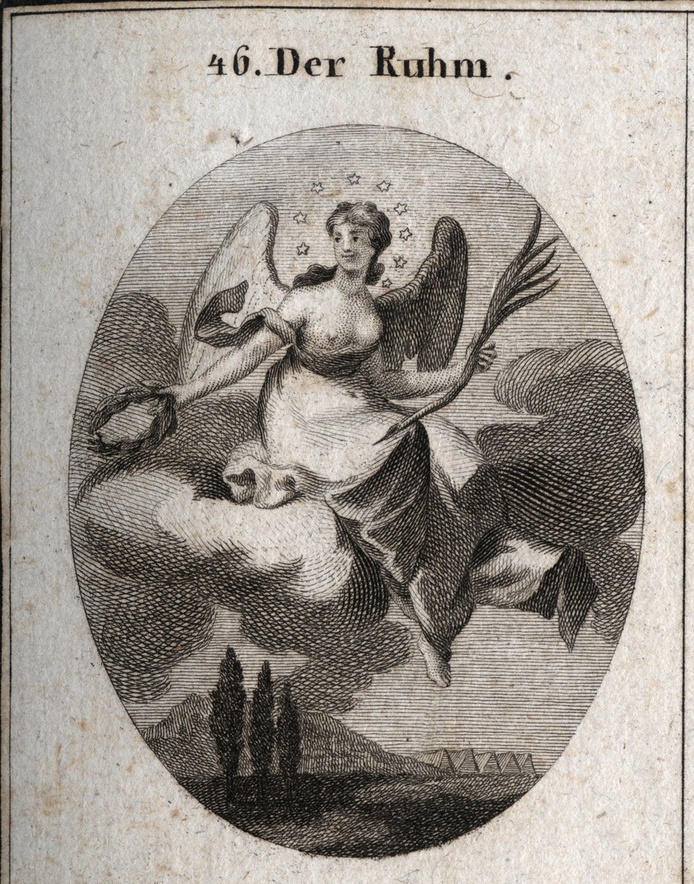 Allegorie van glorie op een wolk. Ze houdt een palm vast en presenteert lauwerkransen waarmee ze haar favorieten beloont. Haar vleugels markeren haar verheffing. Gravure in 
