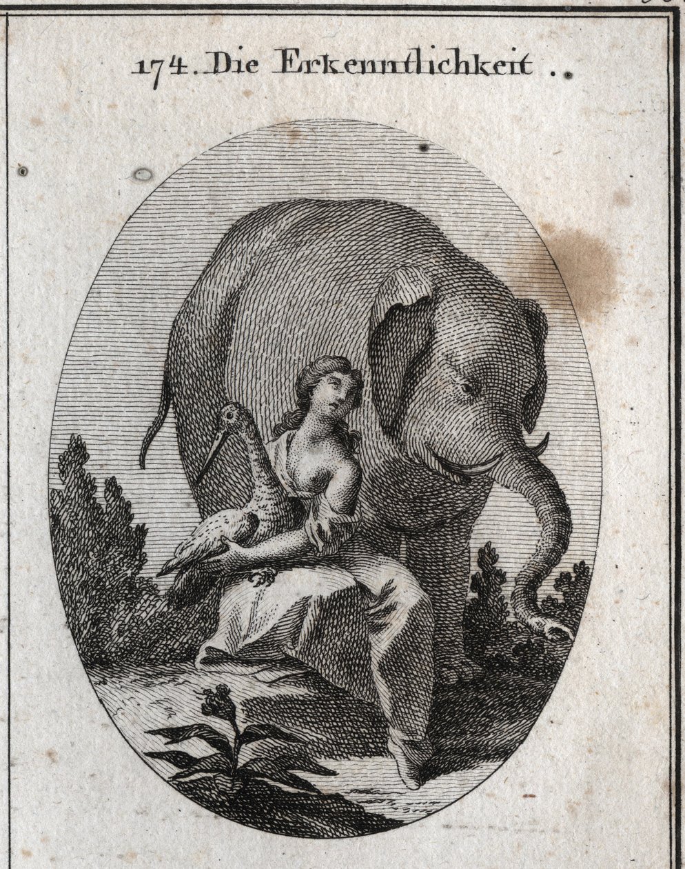 Allegorie van dankbaarheid. Haar symbolen zijn de ooievaar omdat ze haar vader op hun oude dag dezelfde dienst bewijst die ze in haar jeugd ontving en de olifant omdat hij zeer dankbaar is, hij in staat is zijn leven te riskeren door te vechten voor zijn m door Austrian School