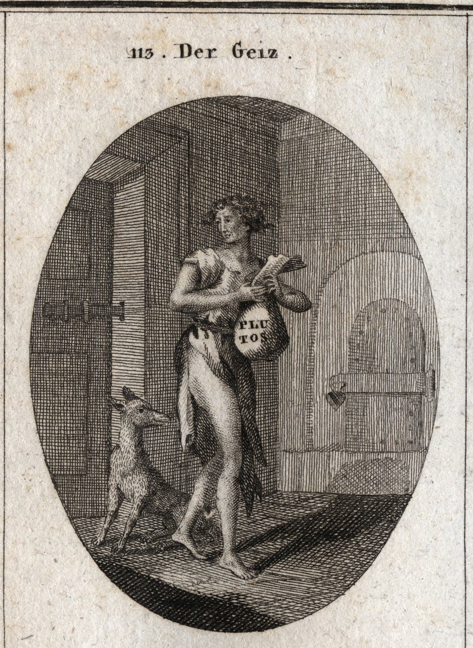 Allegorie van hebzucht afgebeeld in lompen met een gouden ketting die hem als riem dient, wat benadrukt dat bezit van eigendommen haar slaaf maakt tot het punt dat ze de noodzakelijke dingen weigert. Op de beurs staat de naam Pluto, god van rijkdom in de m door Austrian School