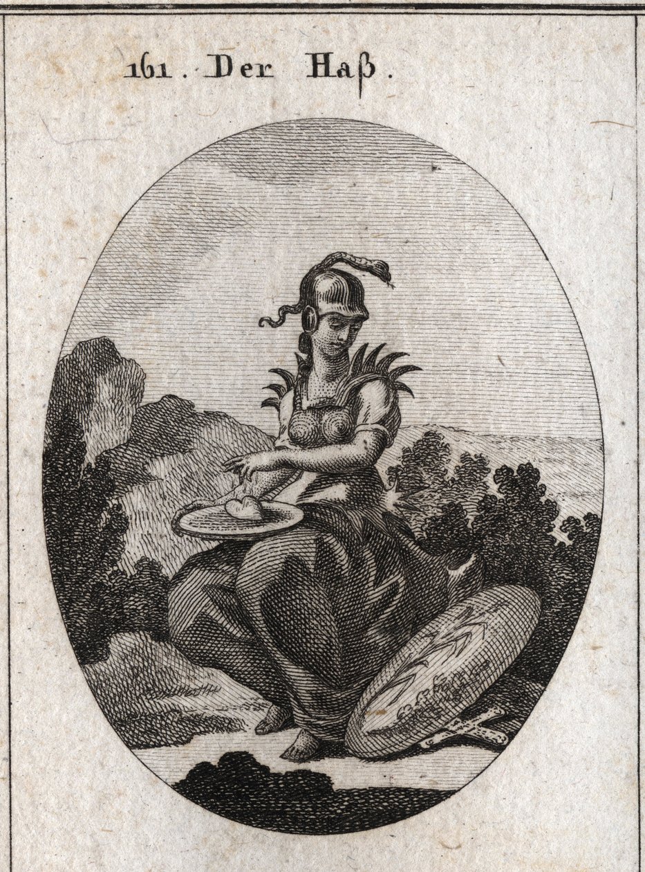 Allegorie van haat. Haar harnas is bedekt met ijzeren punten, haar helm omringd met een adder en ze houdt een schaal vast waarop een hart ligt dat ze besprenkelt met gal. Haar attribuut is een schild waarop een rietplant en een varen zijn afgebeeld, beide  door Austrian School