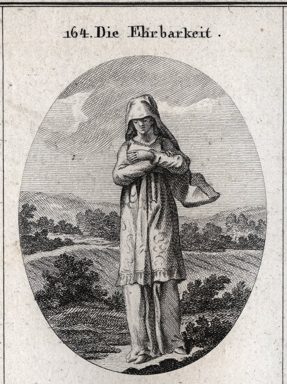 Allegorie van eerlijkheid. Haar ogen zijn bedekt met een sluier die de helft van haar gezicht verbergt omdat de ogen de spiegel van de ziel zijn en het eerste zintuig waardoor ze zichzelf corrumpeert. Gravure in 