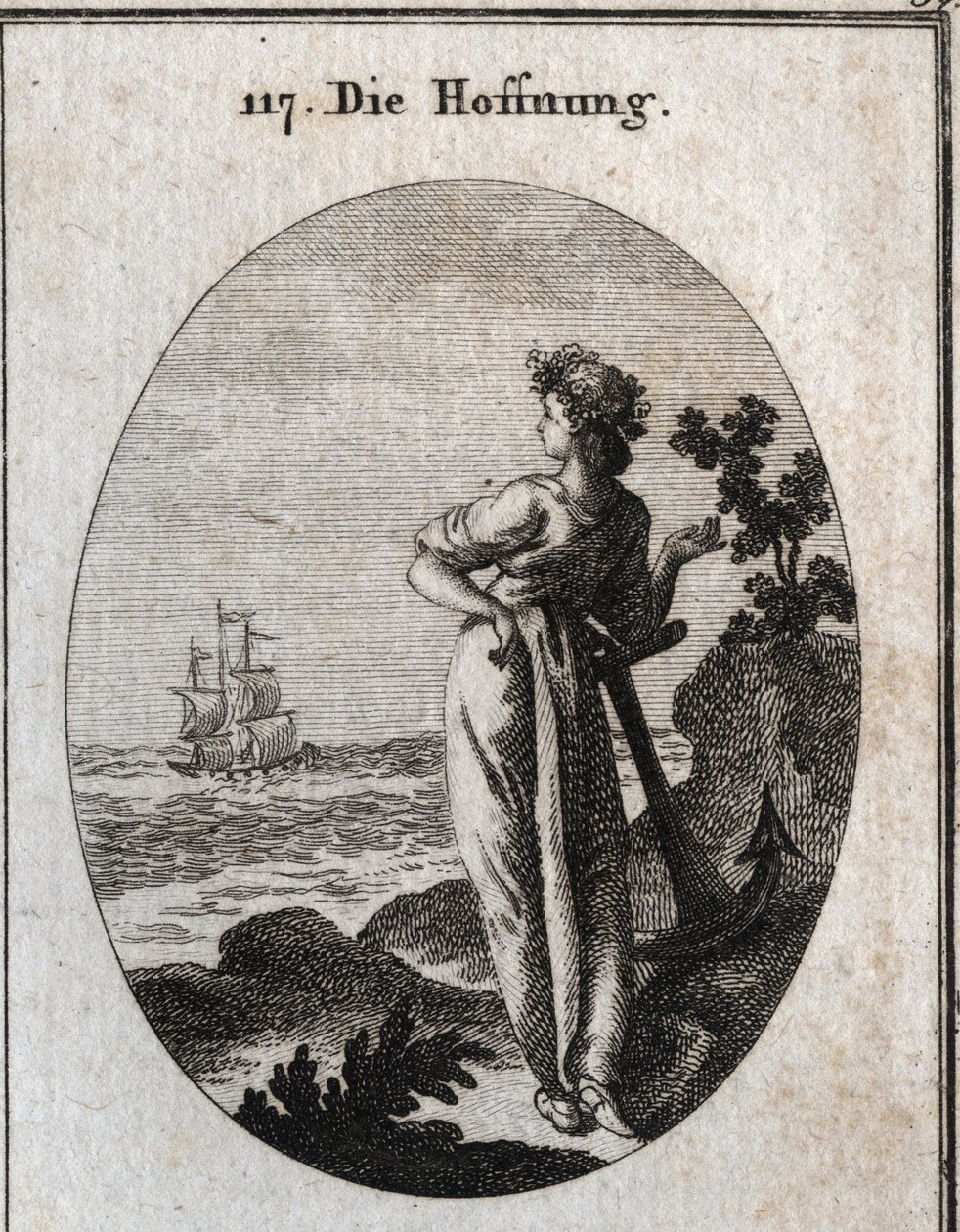 Allegorie van hoop rust op een anker en observeert een schip aan de horizon. Gravure in 