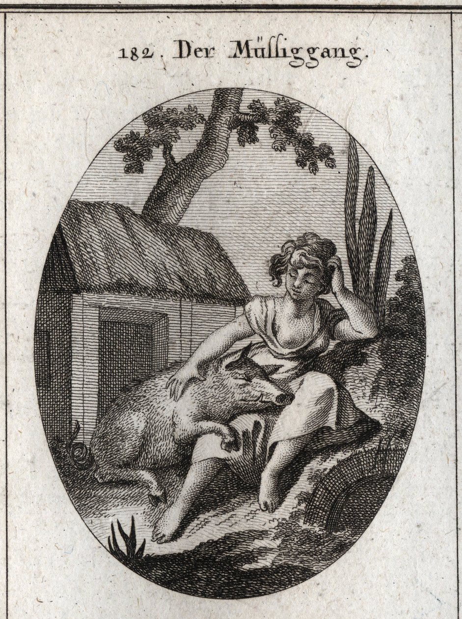 Allegorie van luiheid afgebeeld door een half slapende vrouw die met één hand haar hoofd krabt en met de andere rust op een varken dat op haar knieën slaapt. Gravure in 