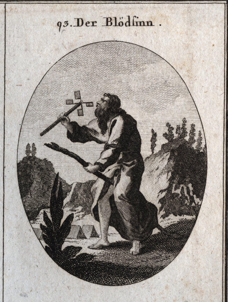 Allegorie van imbeciliteit of dementie weergegeven door een oude man op een riet, attribuut van kwetsbaarheid en ouderdom. Hij houdt een kaartmolen vast die hij blaast om te draaien. Gravure in 