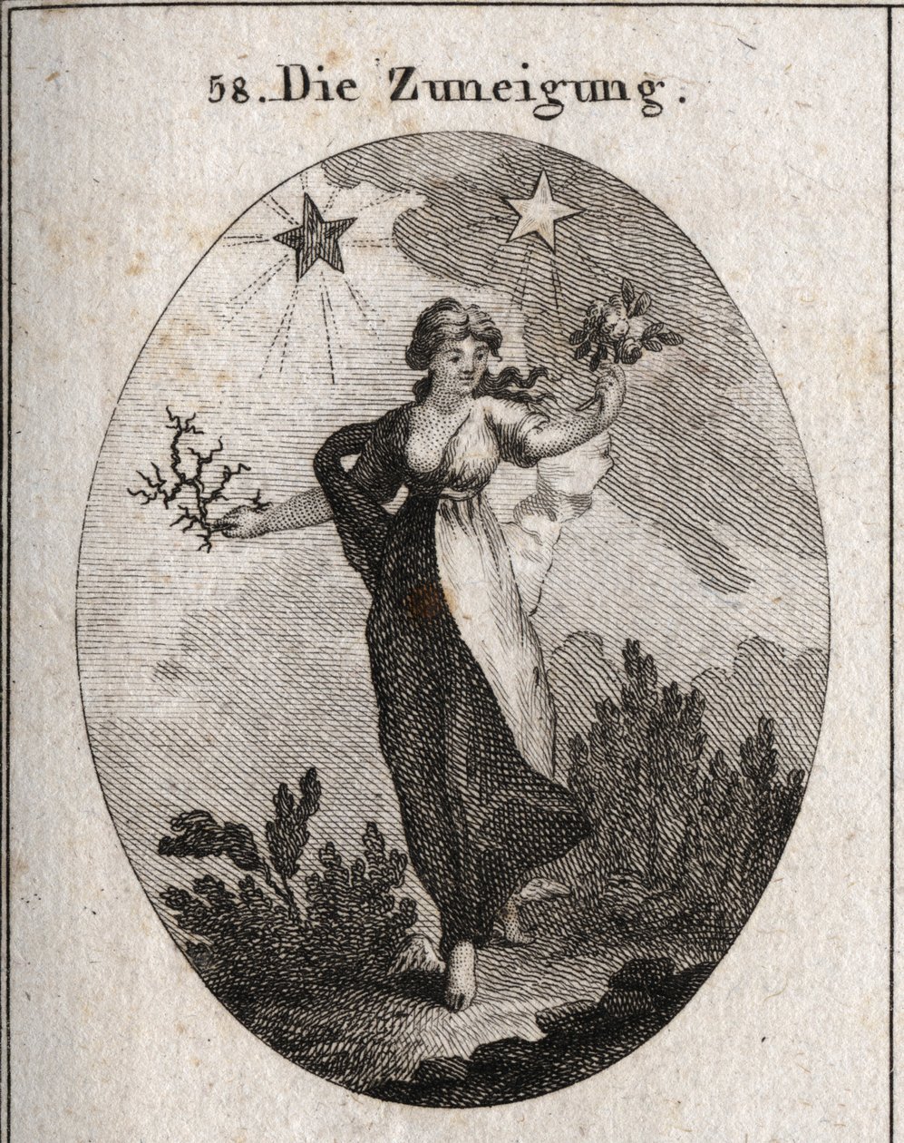 Allegorie van neiging. Ze houdt een boeket rozen en een boeket doornen vast en kijkt besluiteloos naar haar keuze. Achter haar is een heldere en gunstige ster (die van Jupiter) en een donkere en schadelijke ster (die van Saturnus). Gravure in 