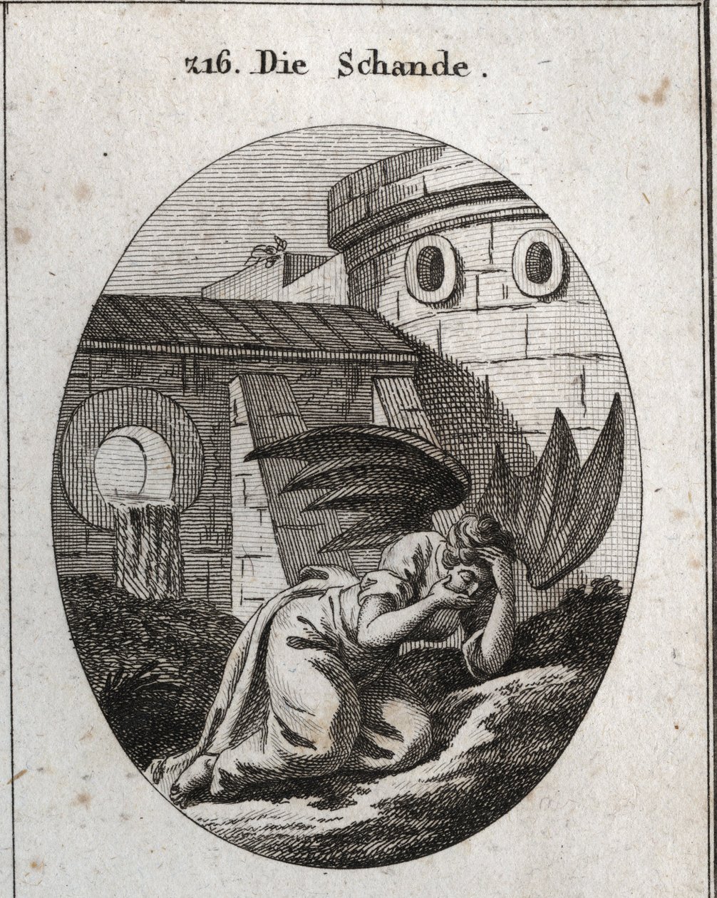 Allegorie van schande die het gezicht met de handen bedekt en haar attributen zijn twee grote zwarte vleermuisvleugels. Gravure in "Iconologie oder Ideen aus dem Gebiete der Leidenschaften und Allegorien bildich dargestellt fur Zeichner, Mahler, Dichter, G door Austrian School